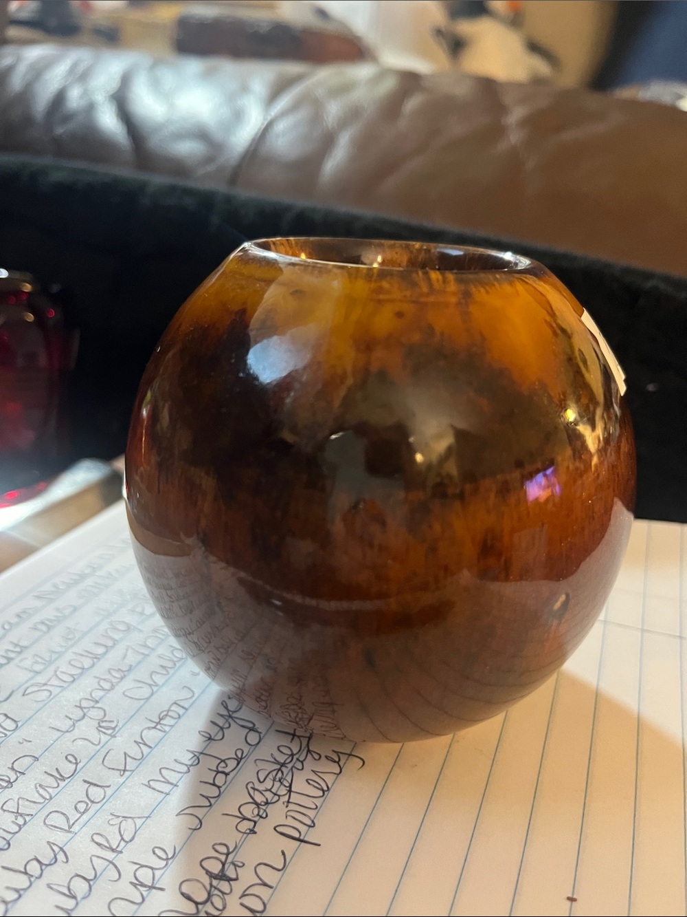 brown marbled w/thumbprint signature tealight Studio pottery candle holder 519